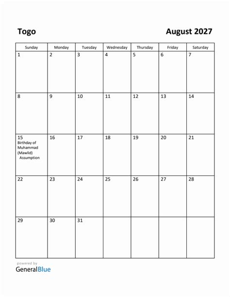 Free Printable August 2027 Calendar For Togo