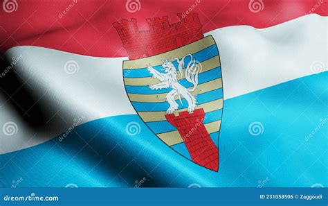 D Waving Luxembourg City Flag Of Differdange Closeup View Stock Photo