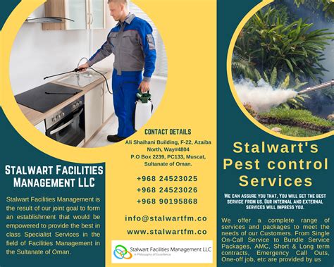 We looked at the top pest control companies in the industry and chose four of the best based on pricing, availability, treatment options, and customer reviews. Stalwart Facilities Management L.L.C in Oman, We can ...