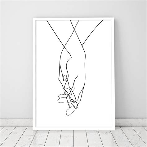 Romantic Lovers Hands One Line Holding Hands Black White Etsy How
