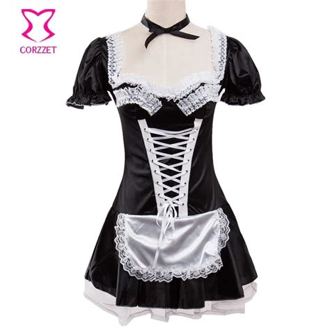 s 6xl black satin and white lace fancy mini french maid dress cosplay sexy maid costume plus
