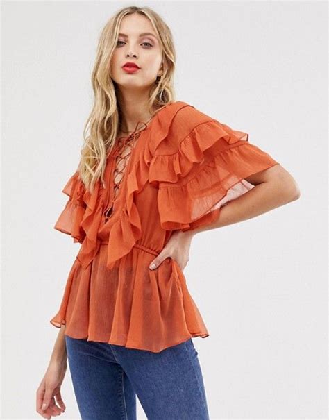 Asos Design Ruffle Sleeve Top With Lace Up Detail Asos Ruffle Top Pattern Ruffled Sleeve