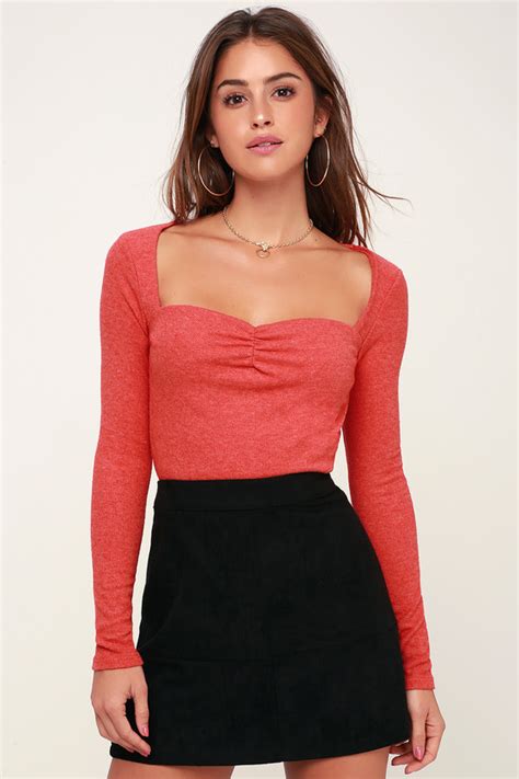 Cute Washed Red Top Long Sleeve Top Crop Top Knit Top Lulus