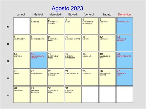 Calendario Agosto 2023 Con Festività E Fasi Lunari