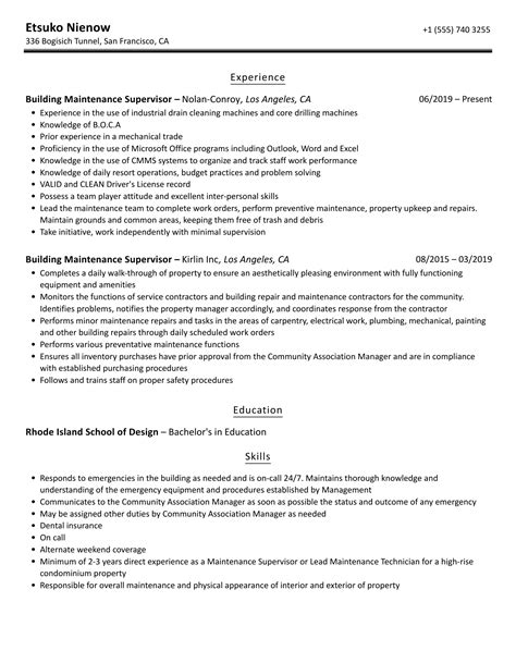 Building Maintenance Supervisor Resume Samples | Velvet Jobs