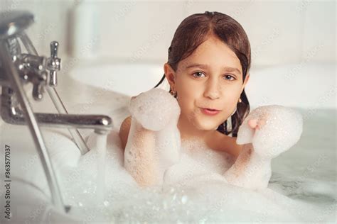 The Girl Bathes And Plays With Foam In The Bathroom Its A Big Drop