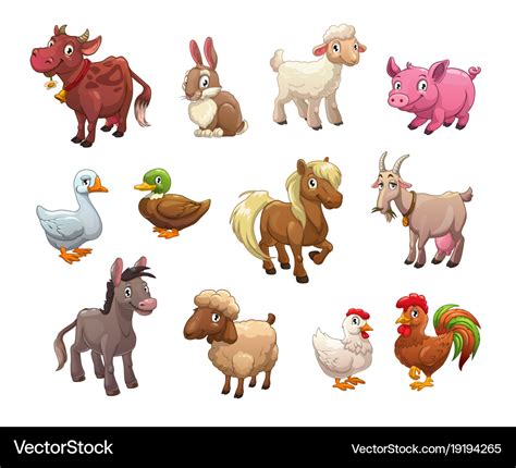 Set Cute Cartoon Farm Animals Royalty Free Vector Image