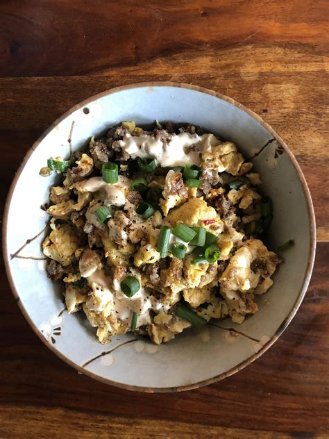 Fresh eggs, garden chives, hot sausage, and queso. : r/FoodPorn