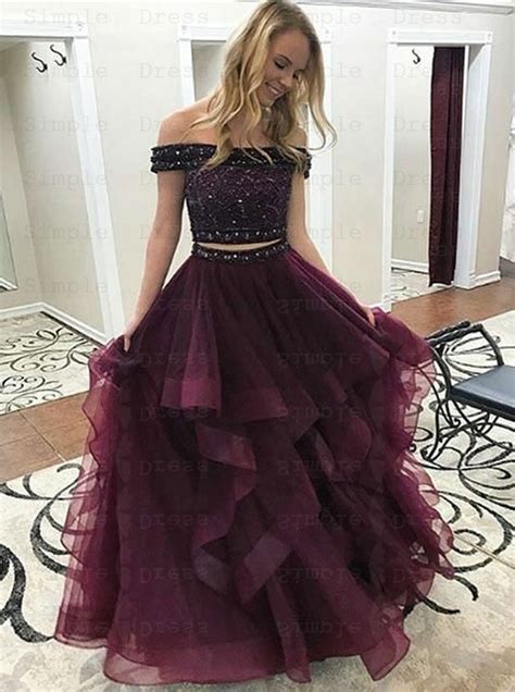 But ordering wedding gowns online is a big no! Two Piece Off-the-Shoulder Tiered Maroon Tulle Prom Dress ...