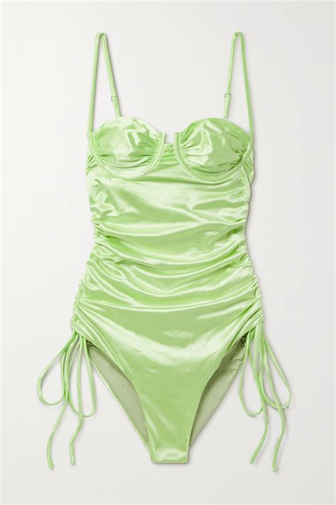 Isa Boulder Nina Ruched Stretch Satin Swimsuit In Light Green Modesens