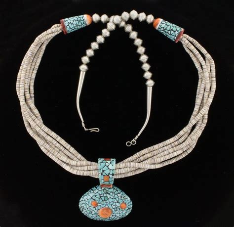 6 Strand Heishi Necklace With Inlaid Turquoise Orange Spiny Oyster