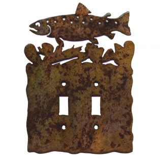 These rustic cabin light switch plates and outlet covers come in slate, metal and wood and most can be made for rockers, gfi and up to 5 gang switches., moose themed decor Trout Light Switch Plates