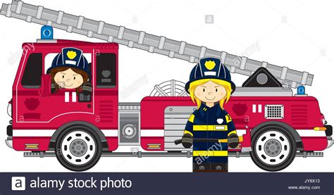 Cute Cartoon Fireman Firefighter With Fire Engine Vector