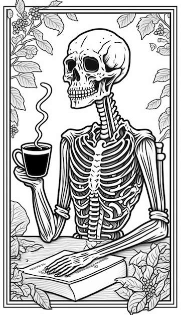 Premium Ai Image A Skeleton Holding A Cup Of Coffee In A Black And