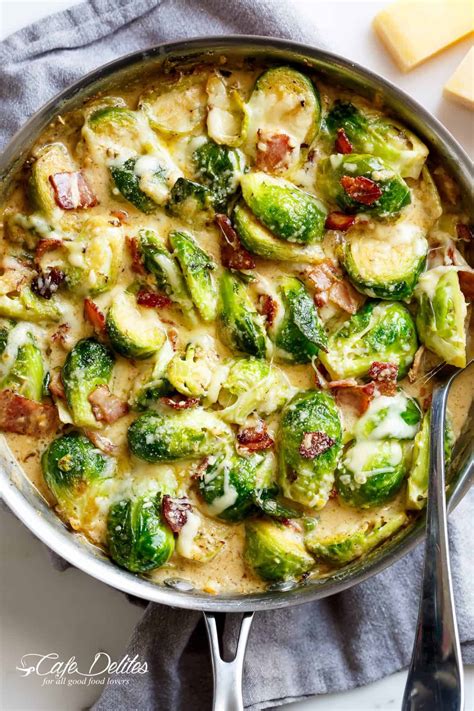 Creamy Garlic Parmesan Brussels Sprouts With Bacon Cafe Delites