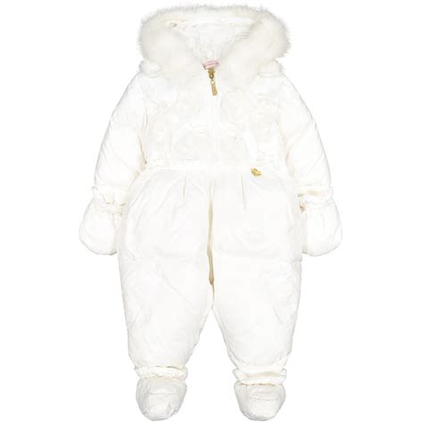 Miss Blumarine Baby Snowsuit In White With Fur Trim Hood