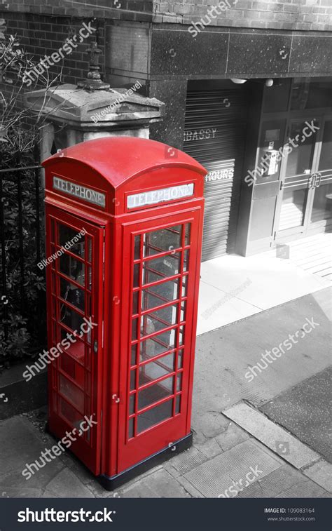 London Red Telephone Booth Black And White Stock Photo 109083164