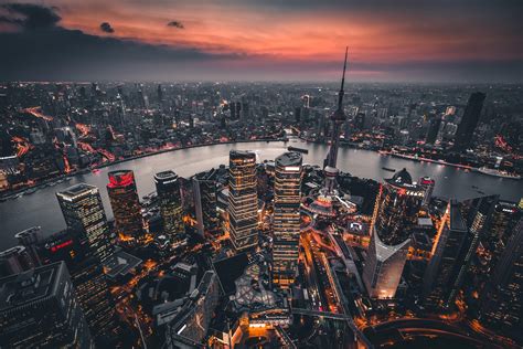 Wallpaper Night City Aerial View Lights City Overview Shanghai
