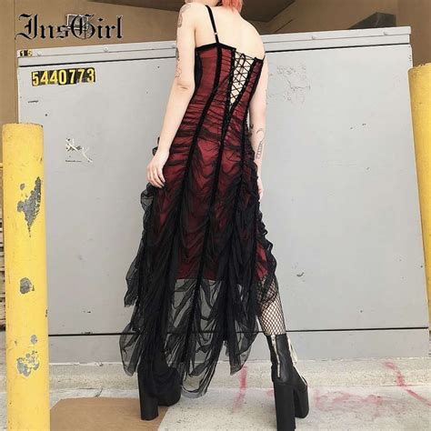 insgirl dark gothic mesh pleated dress women sexy harajuku streetwear mall goth red black