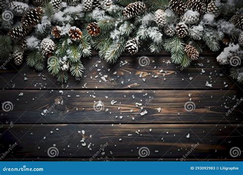 Christmas Background With Pine Tree Branches And Snow On Rustic Dark