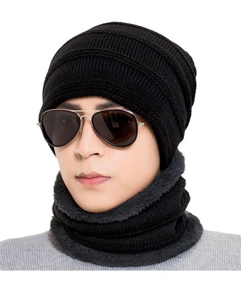 Mens Winter Beanie Hat Scarf Set Warm Thick Knit Skull Cap For Men