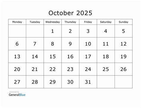 Printable October 2025 Calendar