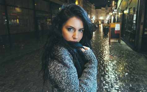 Model Street Light Anime Black Hair Women Brunette Blue Eyes