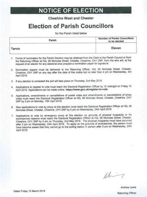 Tarvin Online Formal Notice Of Election Of Parish Councillors