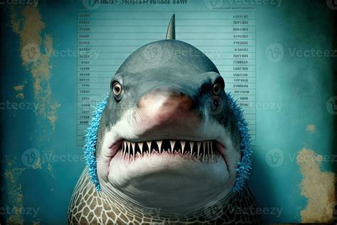 Police Mugshot Line Great White Shark Jaws Close Up Portrait While