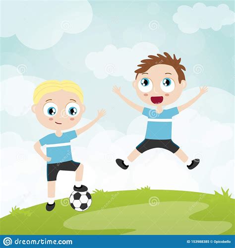 Happy Ball Playing Kids Two Football Players Stock Vector