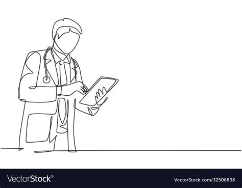 One Single Line Drawing Young Male Doctor Pose Vector Image