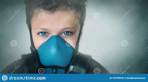 Young Boy Wearing Gasmask Respirator Portrait Stock Photo Image Of