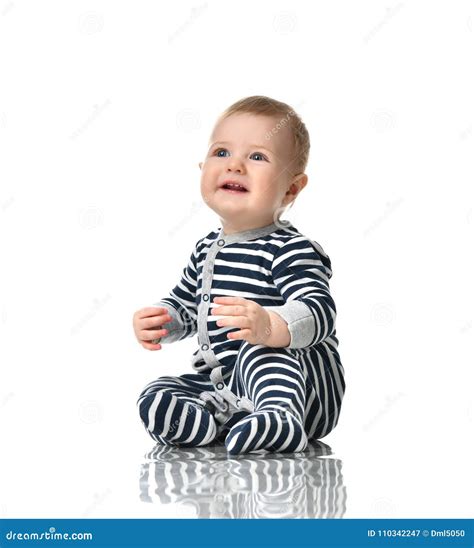 Infant Child Boy Toddler In Blue Body With Stripes Sitting Happy
