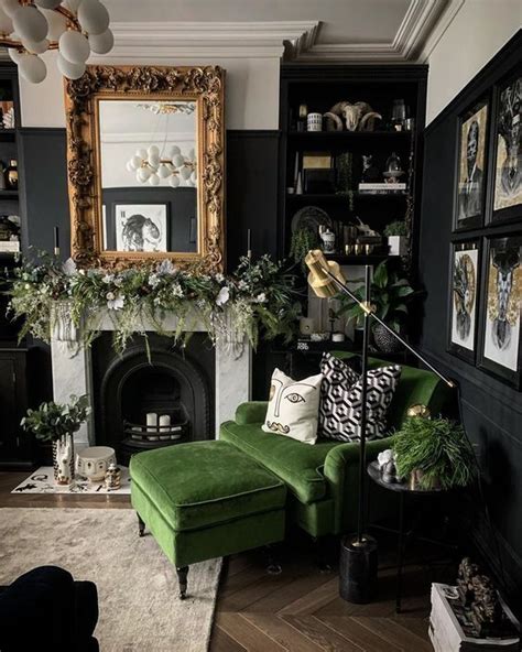 Modern Living Room Black And Green Theme In 2020 Dark Living Rooms