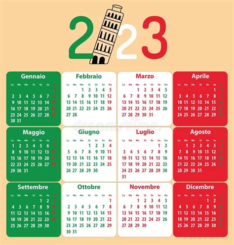 Italian Calendar For 2023 Pisa Leaning Tower Stock Illustration