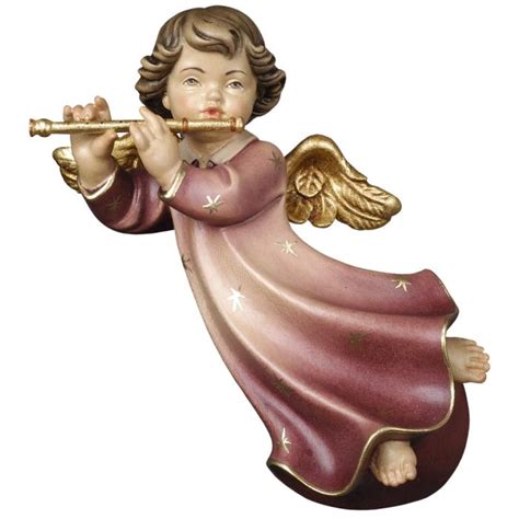 Welcome Angel With Flute Greeting Angels Wood Carving 11 Cm Colored