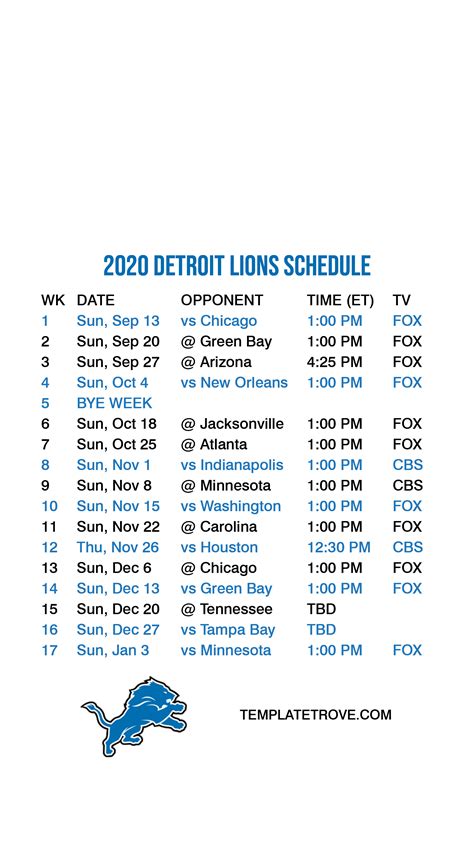 Lions Schedule Printable