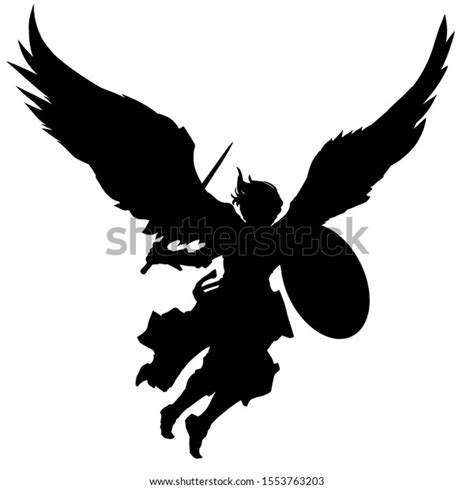 Silhouette Angel Sword Shield Flying Attack Stock Vector Royalty Free