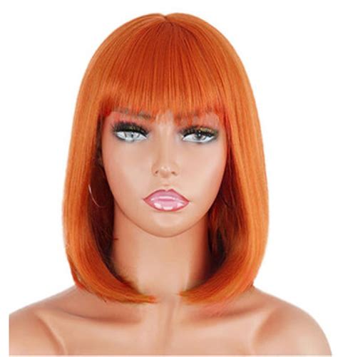 Short Orange Bob Wig With Bangs Synthetic Wig 14 Inches Etsy