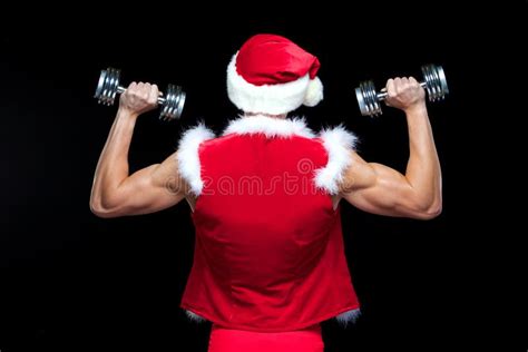 Christmas Muscular Fighter Kickbox Boxing Santa Claus With Red Bandages Isolated On Black