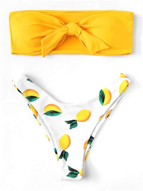 Knot Front Bandeau Top Yellow Swimsuit With Lemon Print Bikini Bottom
