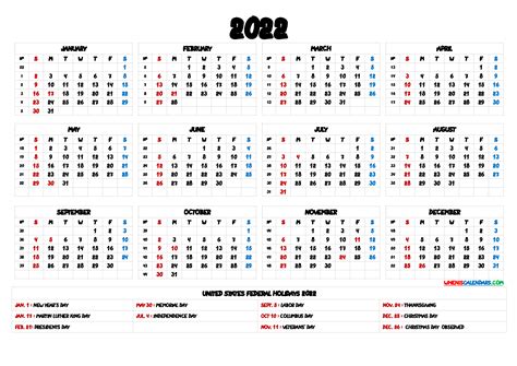 2022 Calendar With Holidays Printable 9 Templates