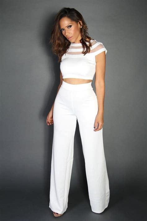 white crop top and high waist pants two piece set club dresses high waisted pants high