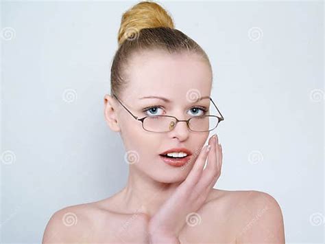 Blonde Woman Posing Topless In Designer Glasses Stock Image Image Of