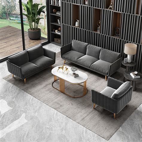 3 Piece Gray Modern Velvet Living Room Sofa Set With Cushion Homary
