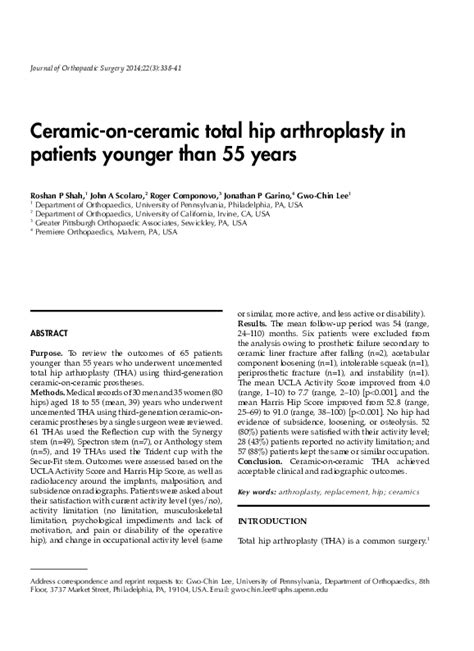 Pdf Ceramic On Ceramic Total Hip Arthroplasty In Patients Younger