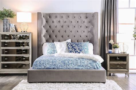 Characteristics wooden upholstered and covered structure perimeter curved full iron frame in a pale gold finish classic shaped headboard and footboard optional classy central. Mirabelle Upholstered Bedroom Set (Gray) Furniture Of ...