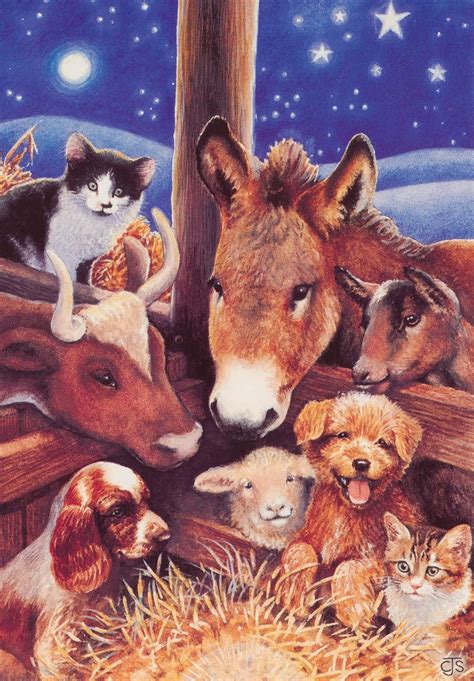Away In A Manger Cat Dog Donkey Stable Manger Nativity Animal Charity