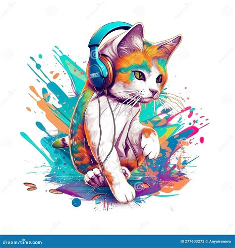 A Cat With Headphones Sitting On A Floor Generative Ai Stock