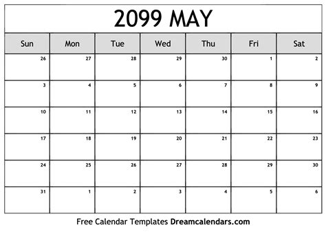 May 2099 Calendar Free Blank Printable With Holidays